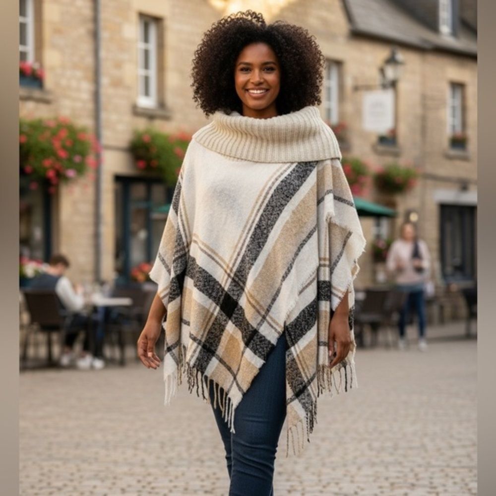 EUC Johnston & Murphy Plaid Cream/Tan Fringe Turtleneck Acrylic Poncho Wrap - OS